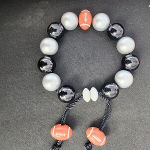 Football Beaded Bracelet with Black and Silver Beads Adjustable